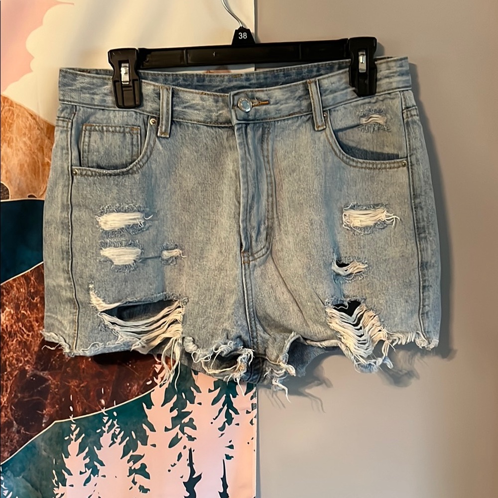SHEIN Blue Distressed Jean Shorts with Raw Hem